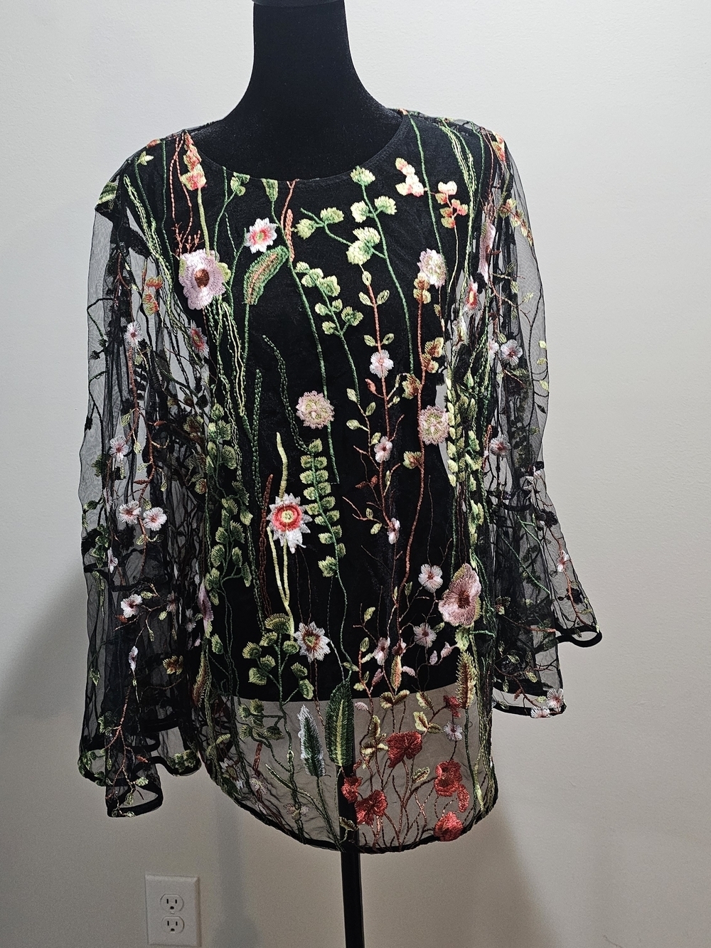 Adiva Black Sheer Top with Multicolor Floral Embroidery Whimsigoth Fairy Goth 1X - Picture 2 of 11